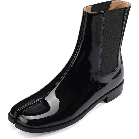 ⚡Women's Black Split Toe Patent Leather Ankle Boots Chelsea Block Low Heels - Picture 1 of 6